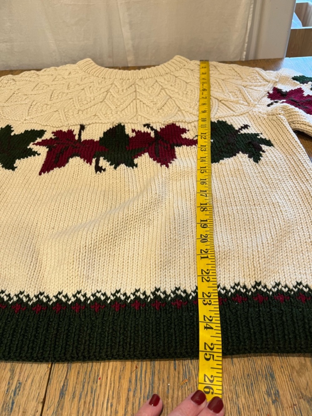 HANDMADE Cream Leaf Pattern Knit Sweater L/XL - Picture 10 of 12